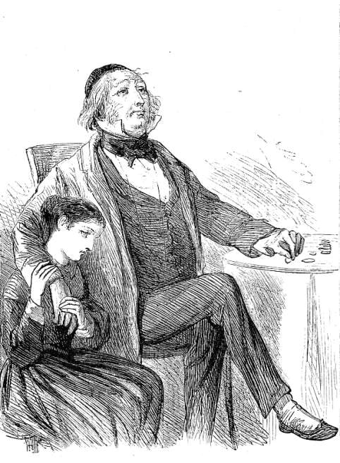 An illustration of Little Dorrit crouching under her father's arm, while he sits with his arms crossed and looking haughtily into the distance.