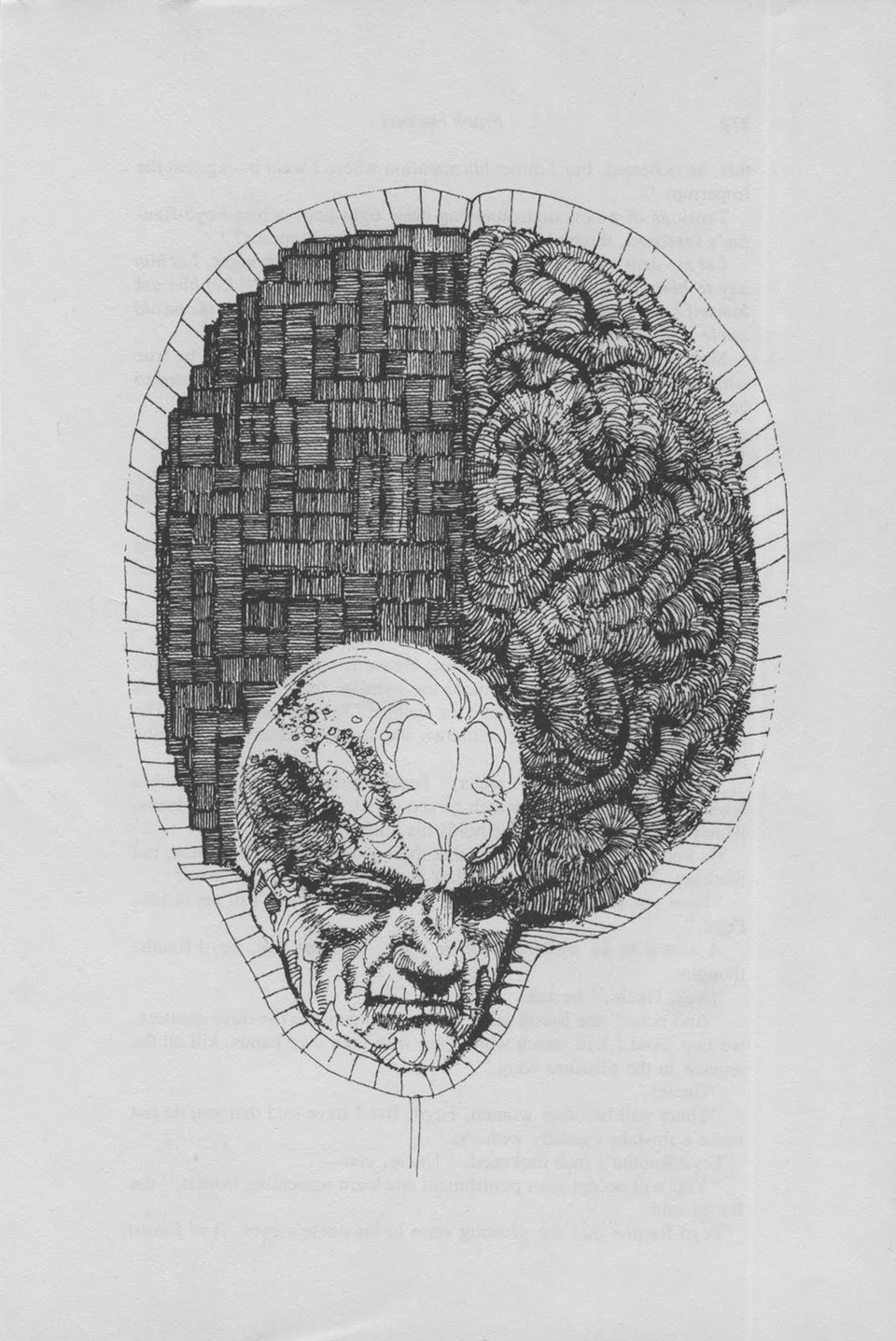 A bust of a bald, grizzled old man with tattoos on his forehead and various signs of what look like scars and other injuries, his wrinkled lips pursed and his eyes mostly closed, nestles within a diagram of a brain divided sharply into halves; the left half is all rectangular blocks that follow predictable paths, like if you had run a defragmentation utility on a stereotypical brain, while the right half is the more familiar labyrinth of curvy and spongy matter in weird and wormy paths.

It's Thufir Hawat's brain. The original caption is "Hawat watches everybody."