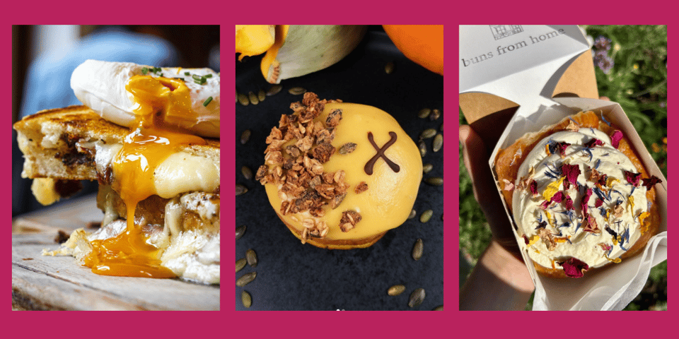 Toasted cheese sandwich. Autumnal donut. Walnut bun.