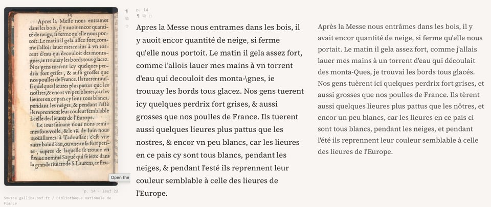 An old book is open to a page on the left, with transcriptions in early modern French and modern French in columns on the right.