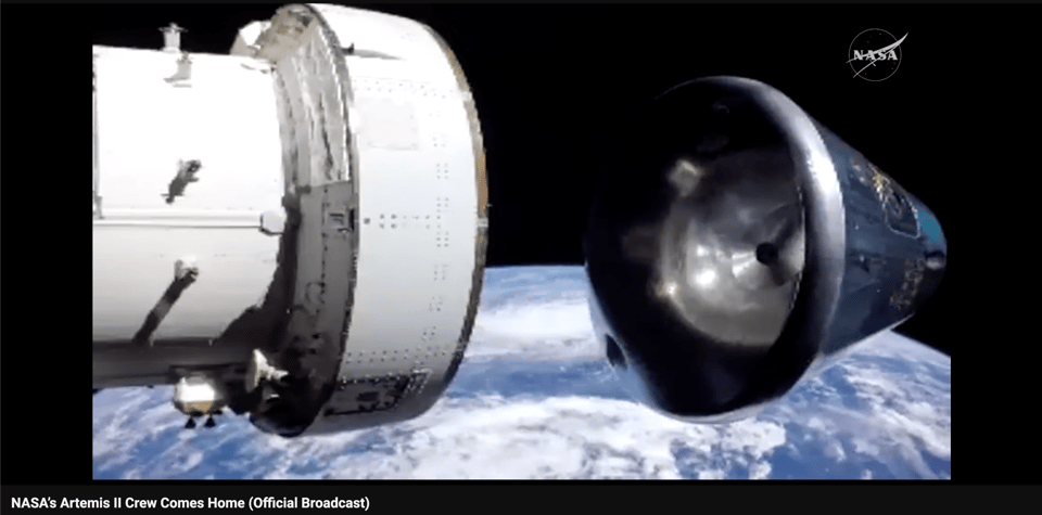 A still from the livestream of the Artemis II mission returning to Earth.