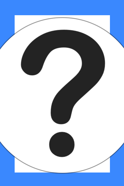 Image of a "mystery book cover;" a large question mark in the center of an otherwise blank blue-bordered book cover.