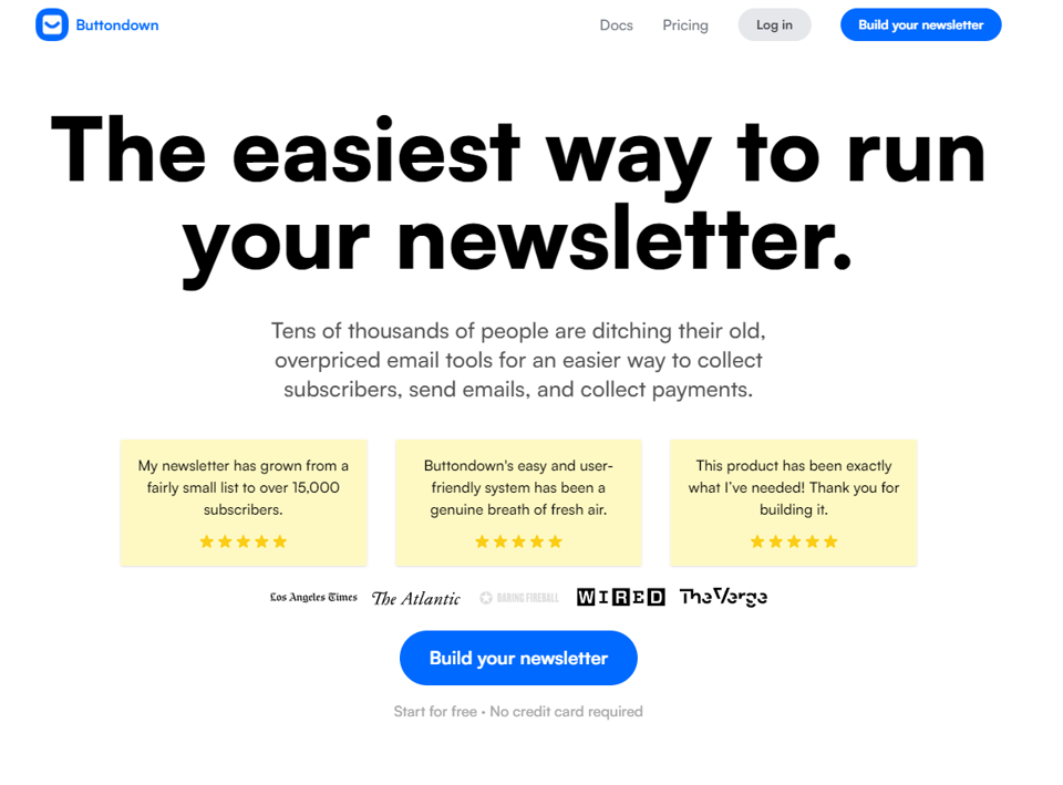A screenshot of the top of Buttondown.email, the platform I'm reccomending this week and the one I use for this newsletter.