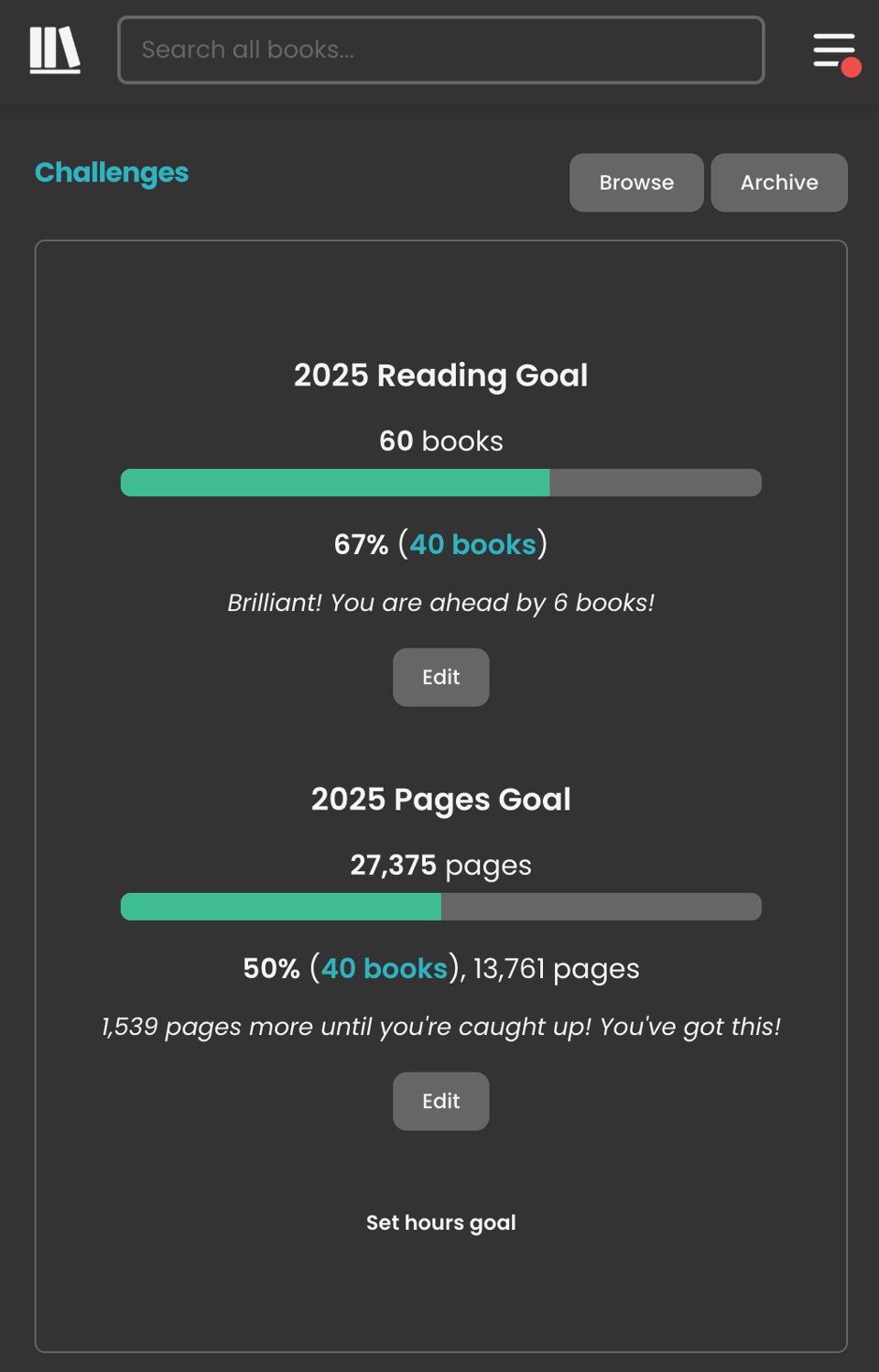 A dark interface showing two horizontal progress bars—one for books, one for pages—both in the same teal-green colour. The labels and numbers use white text. The overall layout is boxy and minimal, with a grey button below the bars.