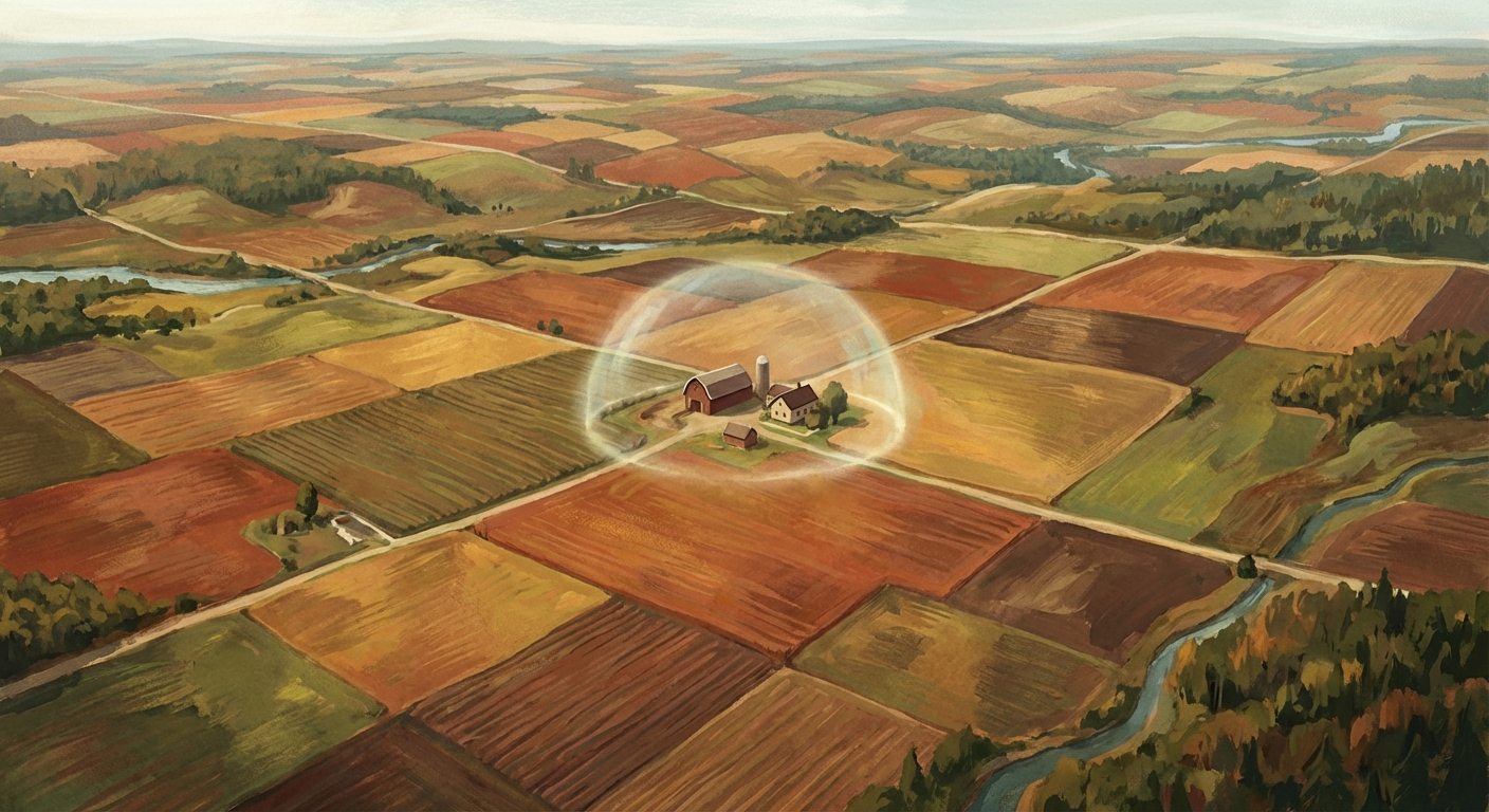 Aerial patchwork farmland with a protective dome over the family farmstead