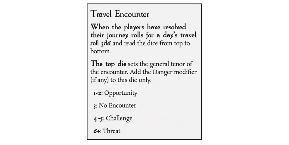 The Travel Encounter instructions from the first edition of Downcrawl, featuring the instruction: "The top die sets the general tenor of the encounter. Add the Danger modifier (if any) to this die only."