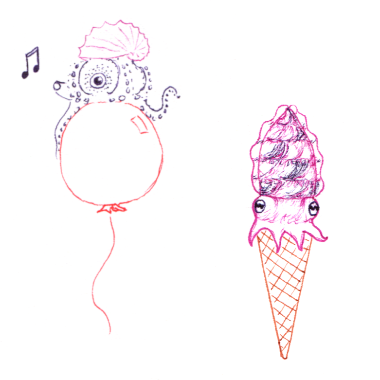 Two drawings side by side. On the left, a purple argonaut octopus with a pink shell sits on a red party balloon. The siphon of the octopus is visible, and music notes make it look like it's whistling. On the right, a cuttlefish sits atop an ice cream cone, its short arms dangling like dripping ice cream. Its mantle is swirled pink and purple like berry ice cream.