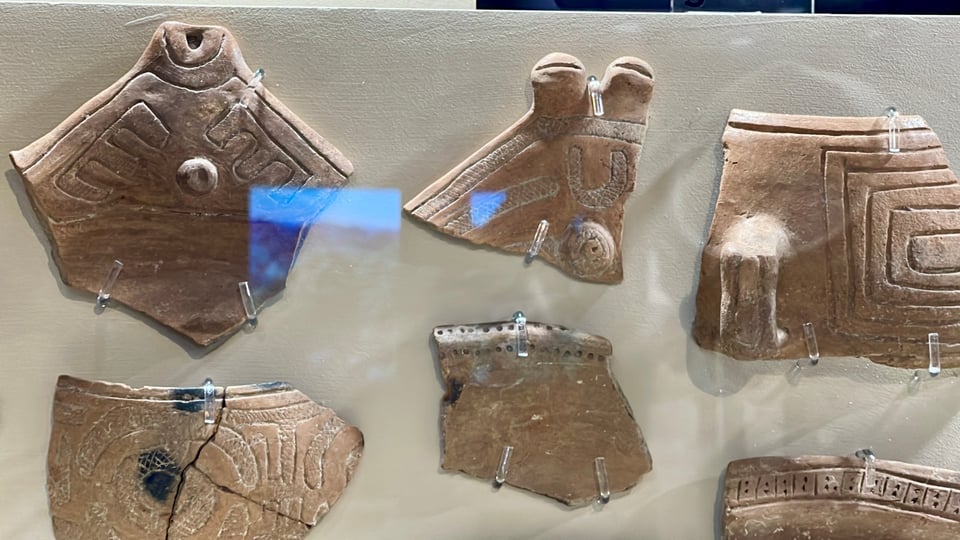 Pre-Columbian Taino ceramic fragments with various designs carved. Hanging vertically on a white surface, behind glass.
