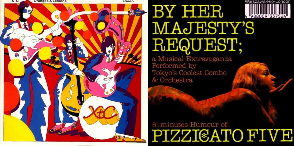 First pic: A cartoonish drawing of the members of XTC done in a psychedelic, YELLOW SUBMARINE (the movie) way. It's full of color, lots of reds, yellows, oranges and deep blues. One figure is playing a guitar, and the neck of the guitar is turning into the airstream of a jet fighter airplane. Another guitarist sits on a bass drum labled XTC. Behind them is a guy playing standup bass. There is a pink horn shooting out oranges and lemons behind them. Second pic: A color photograph of a nude blonde woman on her stomach, facing the right, her chin sitting on her palms, words painted on her skin. The light from above colors her red.