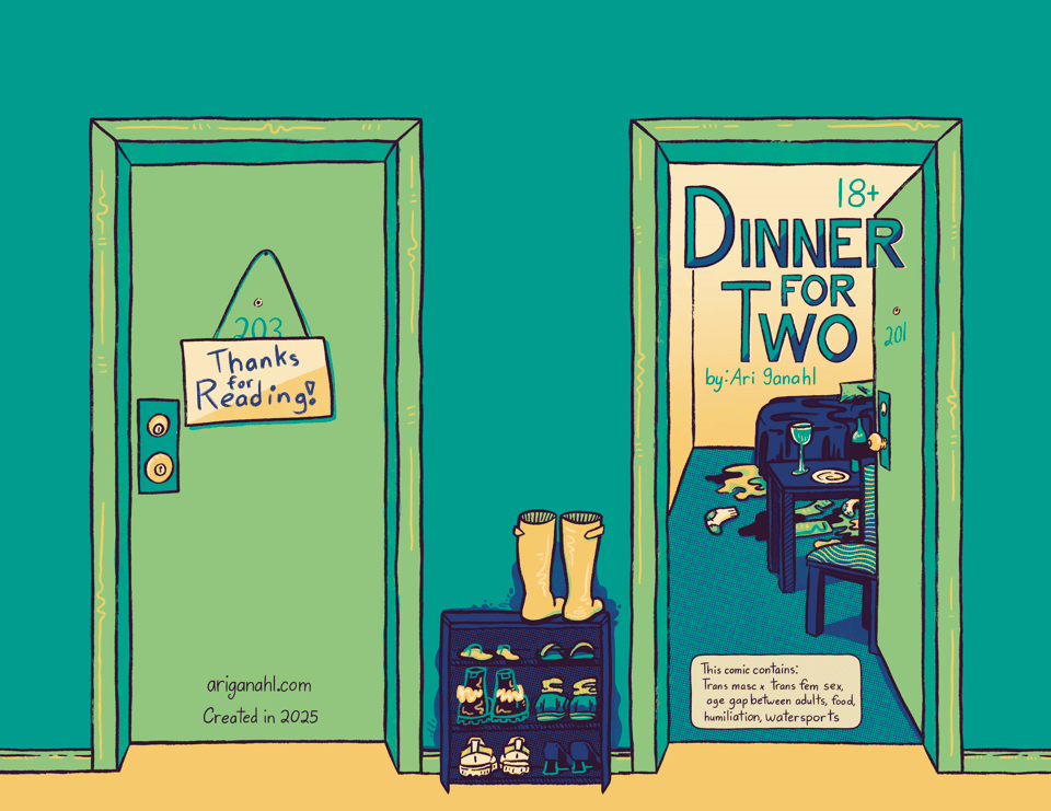 Wraparound drawing in blues, yellows, and greens of an apartment hallway. On the front cover, door 201 is open into a messy apartment. The title, "Dinner for Two" is written in the doorway. On the back cover, door 203 is closed with a sign on it that says "Thanks for Reading!"