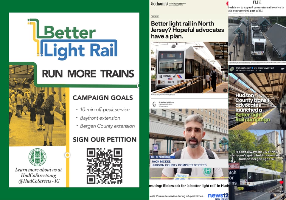 The left side of the photo shows the canvassing flyer we use for Better Light Rail, specifying our campaign asks: 10-minute off-peak service, Bayfront extension, Bergen County extension. The right side shows a collage of media and social media coverage of the campaign.