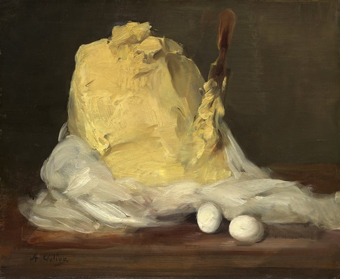 Painting. A Mound of Butter, by Antoine Vollon. A sumptuous, golden mound of butter with a knife stuck into it, the cheesecloth around it unwrapped, and a couple of eggs, sit on a dark brown table against a dark background.