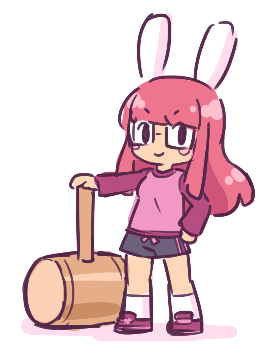 A pink bunny girl with glasses and a big hammer