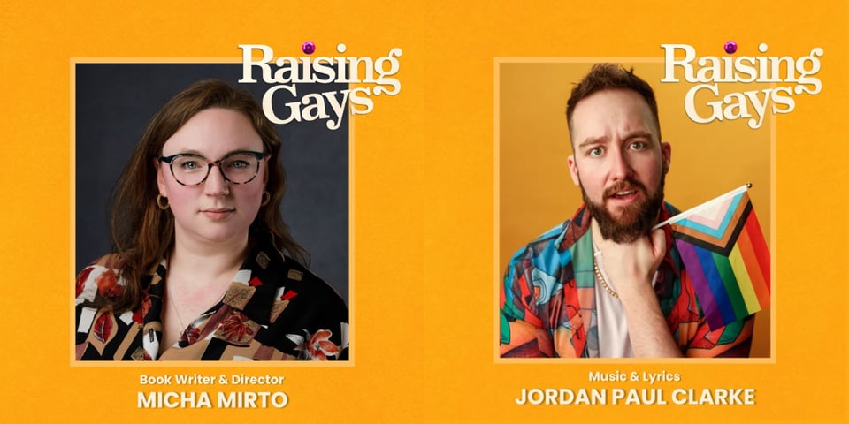 Headshots of the creative team behind Raising Gays - Micha Mirto and Jordan Paul Clarke - on an orange background.