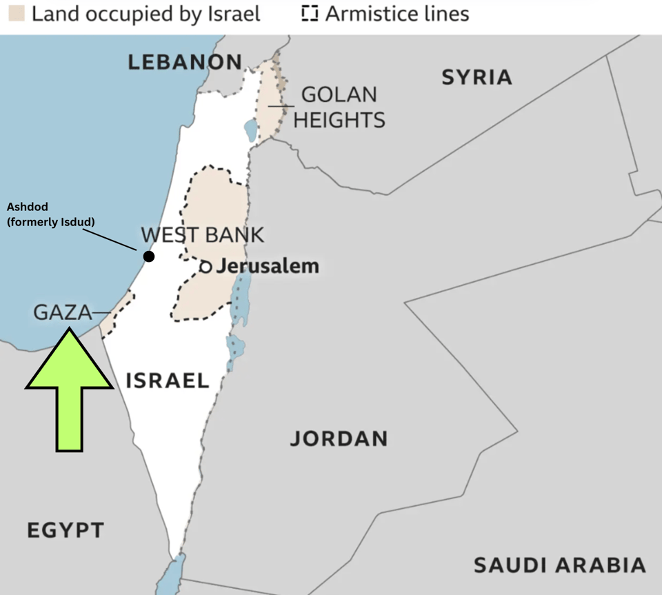 A map showing Israel, Gaza, the West Bank, and the Golan Heights, along with Egypt, Jordan, Lebanon, Syria and Saudi Arabia