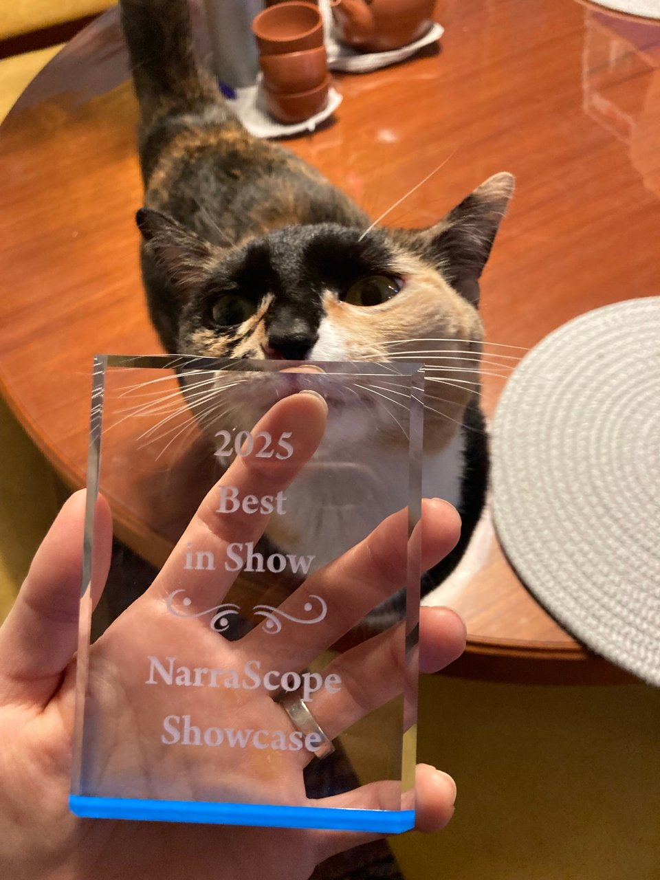 My cat Louise rubs up on my Best in Show award from Narrascope.