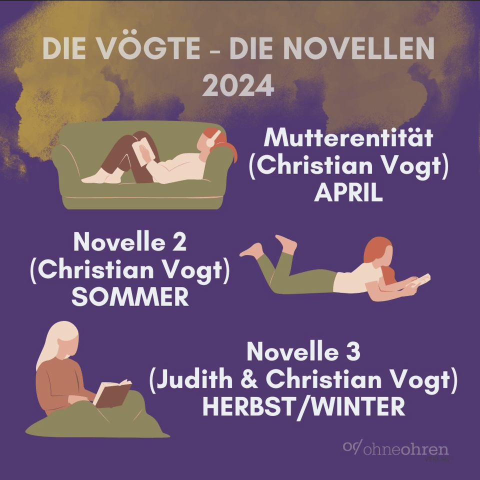 Eine Grafik mit lesenden Personen und der Ankündigung, dass Mutterentität im Apil erscheint, Novelle 2 im Sommer und Novelle 3 im Herbst / Winter