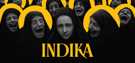 A central figure in a black cloak stares solemnly at the viewer, surrounded by a chorus of ghostly faces in similar attire, all set against a striking yellow backdrop with the word "INDIKA" prominently displayed.