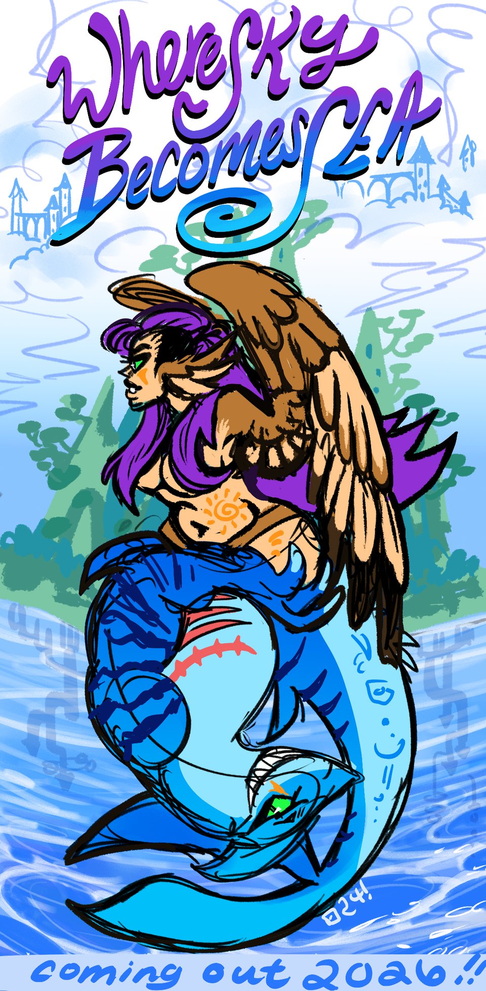 Where Sea Becomes Sky, featuring a purple haired harpy and a blue shark man