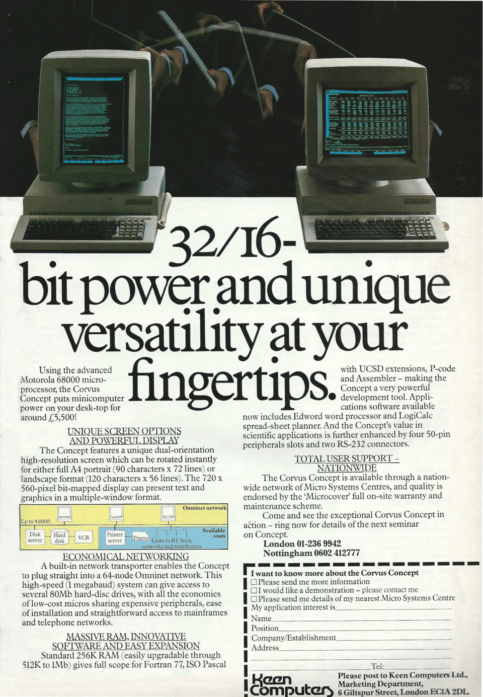 A magazine advertisement showing two versions of the Corvus Concept computer: One with the portrait-orientation monitor and another with the typical landscape-orientation monitor. Below the picture are all the computer's possible specifications for purchase.