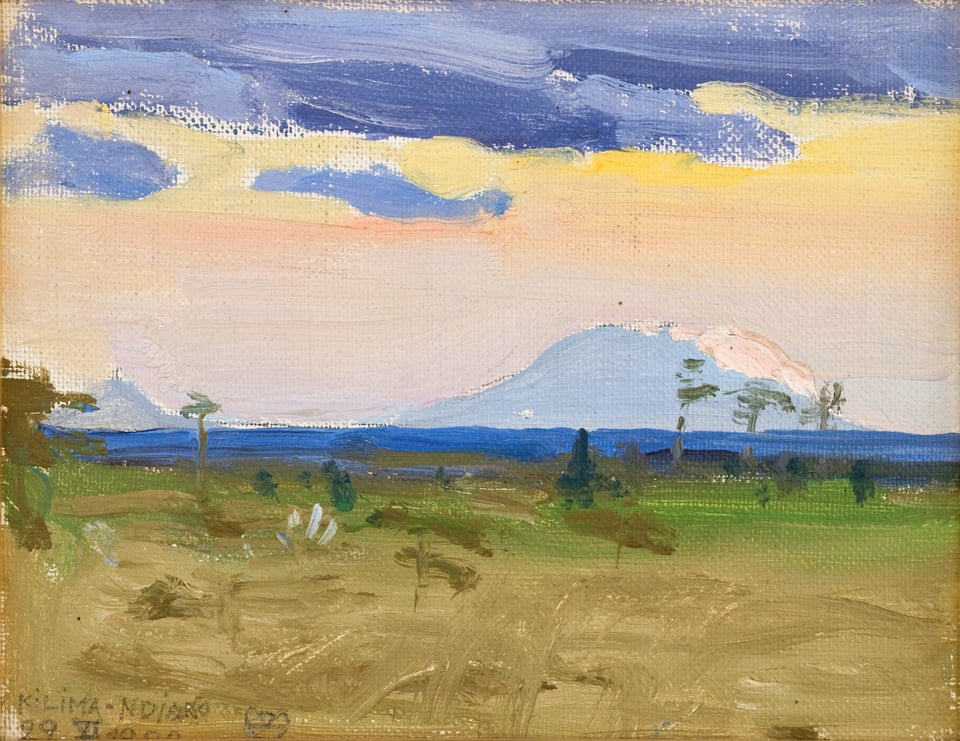 View of a green field and a snowy Mount Kilimandjaro in the background