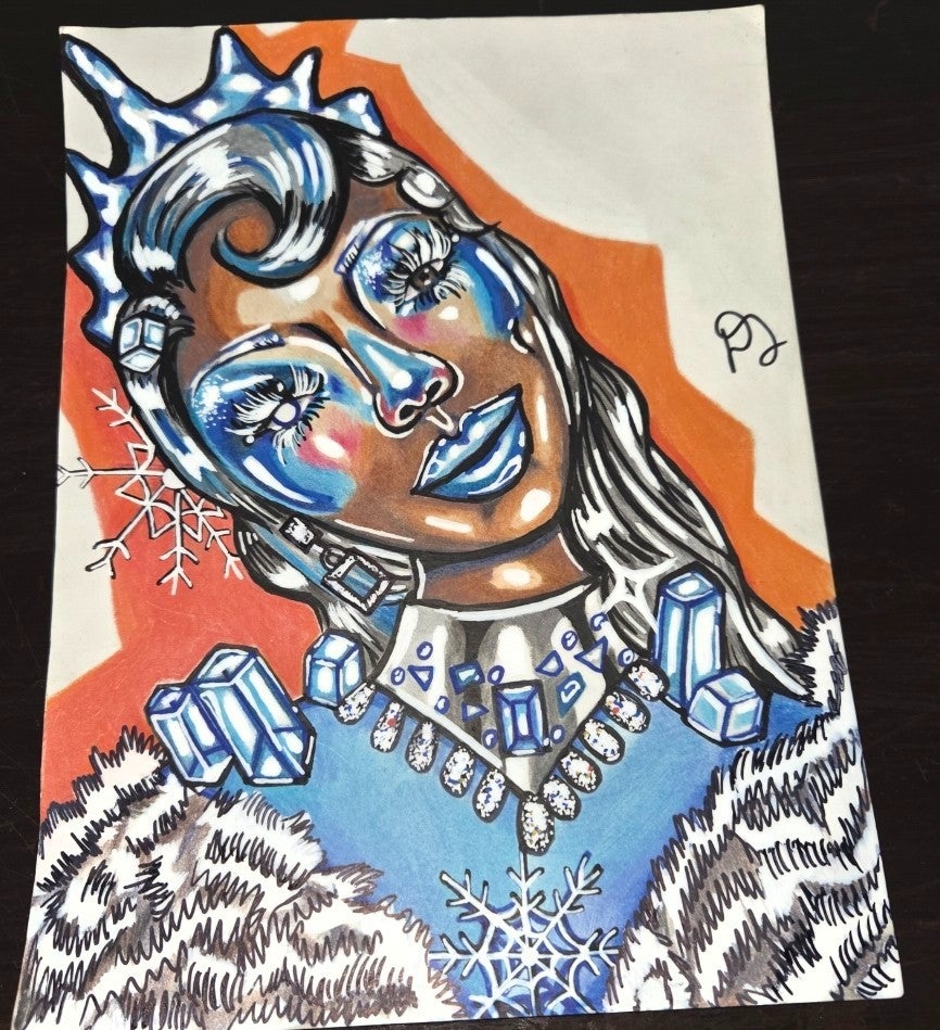 A vibrant illustration of a stylized, sparkling figure adorned with icy blue jewels and a snowflake motif against a colorful background.