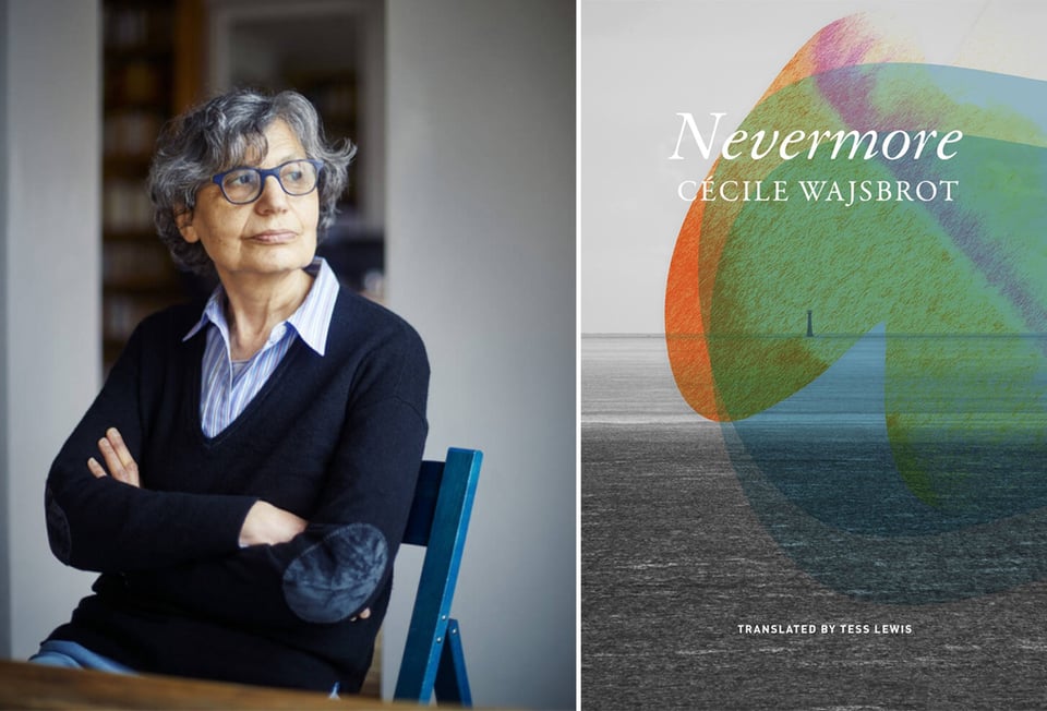 two images: left, a photo of author Cecile Wajsbrot, sitting at a desk, wearing a navy sweater with suede elbow patches; right, the cover of Cecile's novel, NEVERMORE, showing a lighthouse in the distance on the water, with some color effects