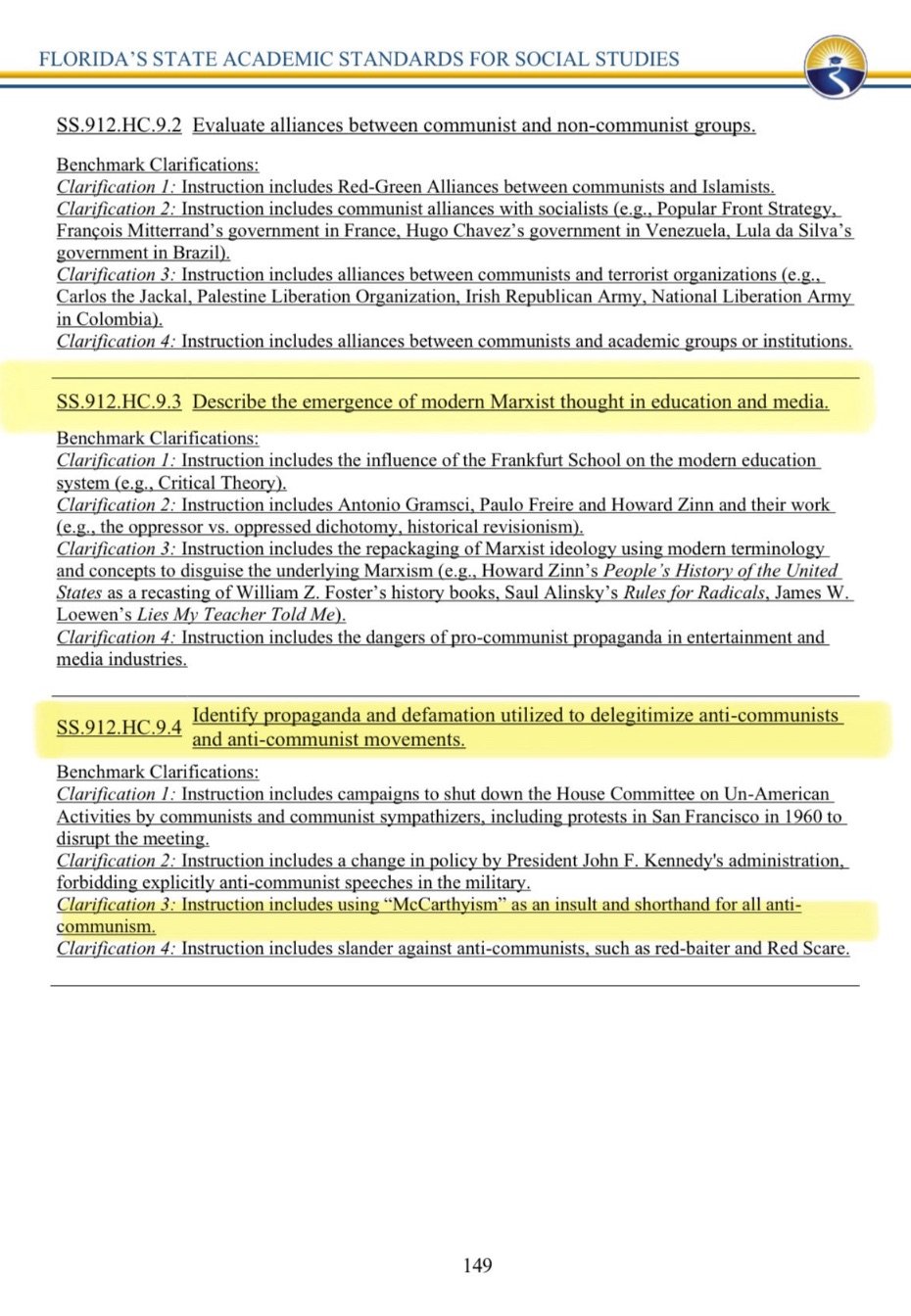 Image of page 149 from Florida's new state standards for social studies. Among the changes are instructions that using the word "McCarthyism" is an insult and that several modern thinkers are Marxist sympathizers. The three highlighted sections read: "SS.912.HC.9.3 Describe the emergence of modern Marxist thought in education and media," "SS.912.HC.9.4 Identify propaganda and defamation utilized to delegitimize anti-communists and anti-communist movements," and "Clarification 3: Instruction includes using “McCarthyism” as an insult and shorthand for all anticommunism"