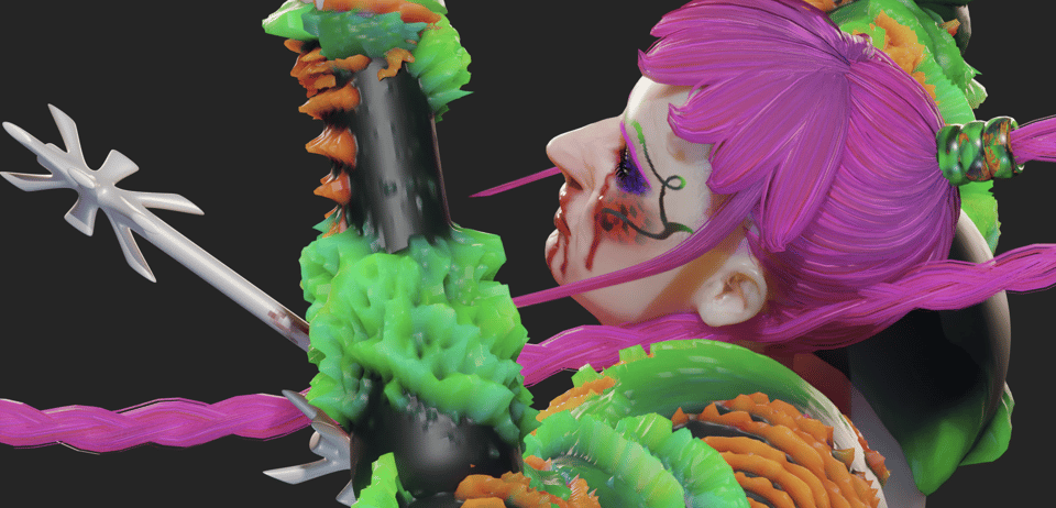 An image of a woman with pink hair and green armour bleeding from the eyes and nose while shot from arrows