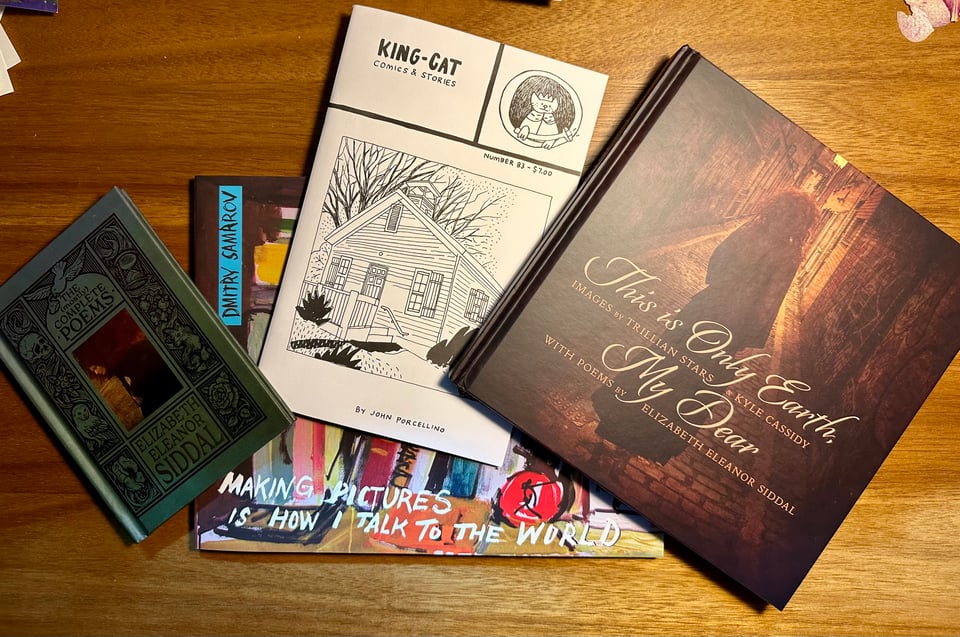 Photo of 4 books: King-Cat Comics & Stories #83; THIS ONLY EARTH, MY DEAR, and THE (MOSTLY) COMPLETE POEMS OF ELIZABETH ELEANOR SIDDAL by Kyle Cassidy & Trillian Stars; and Dmitry Samarov's MAKING PICTURES IS HOW I TALK TO THE WORLD