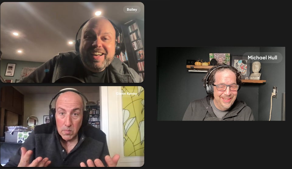 Guest Glenn Kenny with hosts Jason Bailey and Mike Hull.