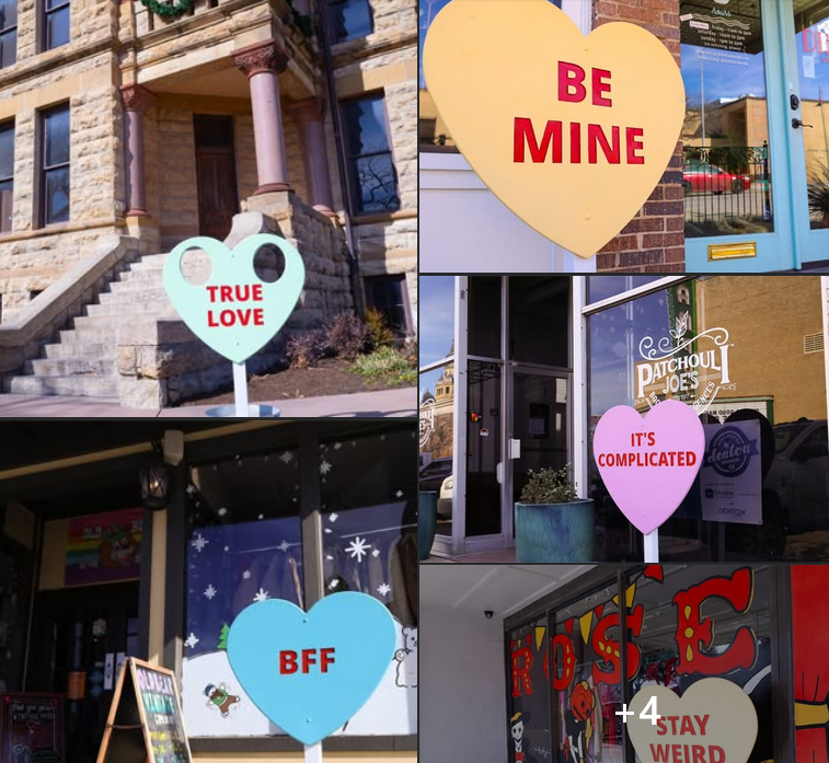 Various standees featuring giant conversation hearts you can pose with in Denton TX