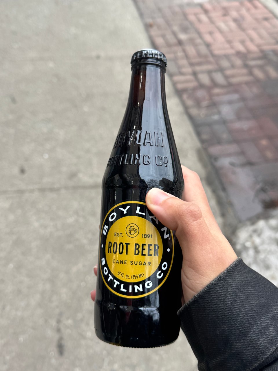 my hand holding a boylan bottling co root beer.