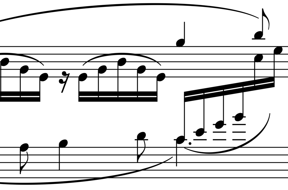 A passage from Debussy’s Clair de Lune engraved with Eugene, showcasing the new 8th note flags.