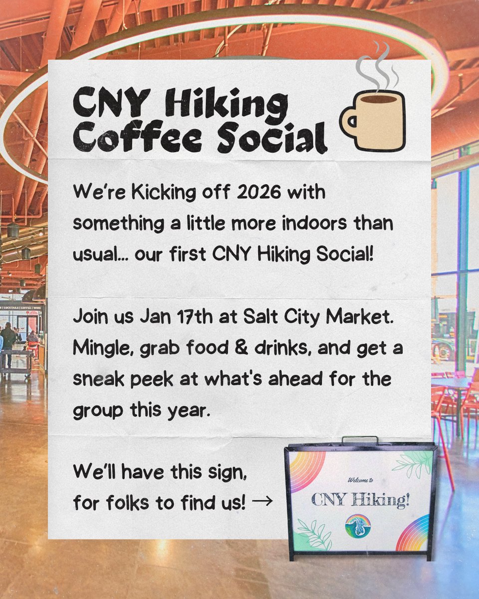 Weβre Kicking off 2026 with something a little more indoors than usual... our first CNY Hiking Social! Join us Jan 17th at Salt City Market. Mingle, grab food & drinks, and get a sneak peek at what's ahead for the group this year. Weβll have a CNY Hiking sign for folks to find us!