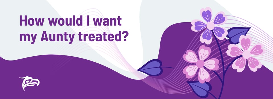 a purple floral graphic that reads How would I want my Aunty treated?