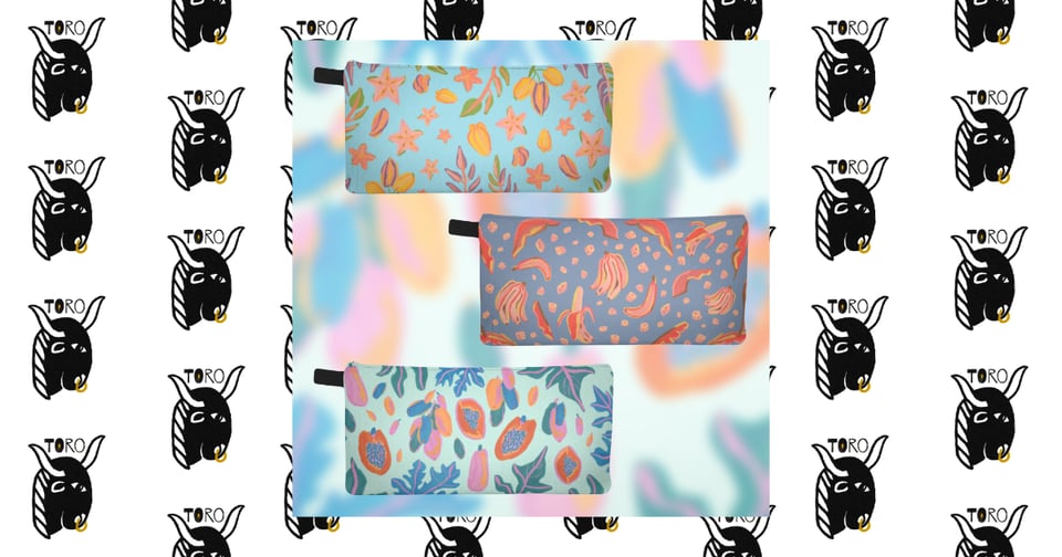 3 small zipper pouches with star fruit, banana, and papaya illustrations on a blurred image, on a repeating TORO bull logo background