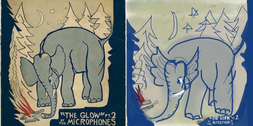 A cartoonish drawing of an elephant in a forest using its trunk to put out a campfire. The drawing has a kind of 1920s style to it. You could easily imagine it as a piece of 1920s animation.