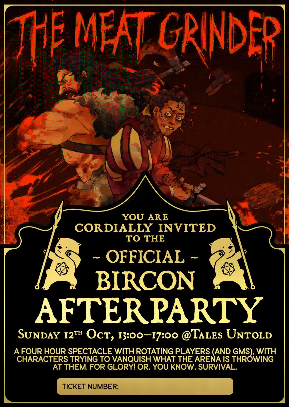 A golden ticket with a bloody comic-style illustration of a confident, muscled gladiator, back to back with a panicked nobleman clutching a sword, clearly way out of his depth.