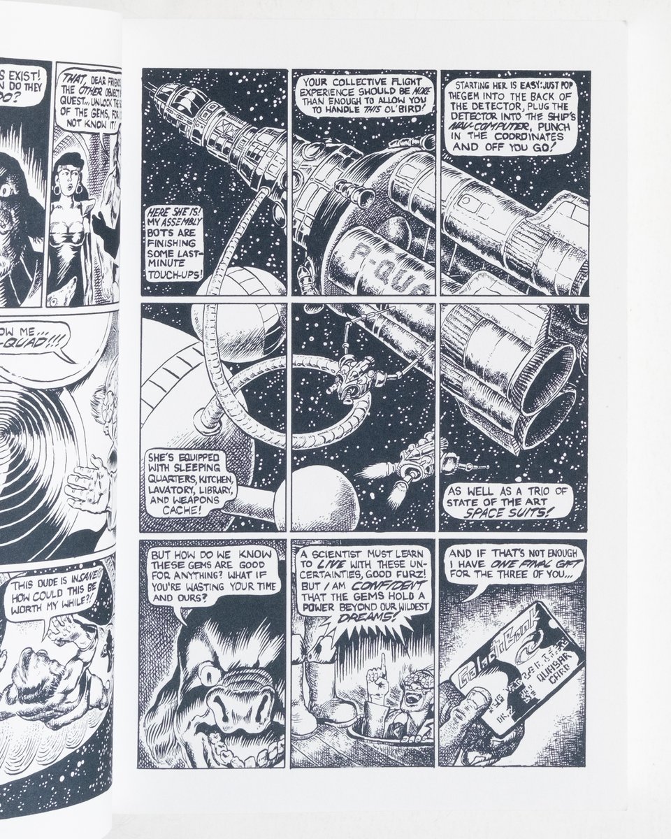 A page from Twelve Gems by Lane Milburn. It's printed in a deep blue that's not quite black ink. 9 panel grid. The top two tiers feature a single drawing of a spaceship docked at a space station that has been divided into panels. The bottom tier shows one of the characters talking to his benefactor before being given a space credit card