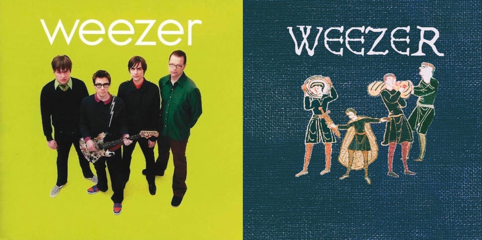 A color photo of the band Weezer on a bright green background. The band is a quartet of four white men, dressed in nice polite sweaters and dress shirts. The camera is above them, and they look up at it. One of the men (bandleader Rivers Cuomo) is slightly forward of the other three and hold a guitar.