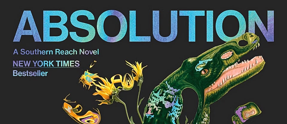 Detail of the cover for Absolution; some flora and the somewhat disfigured head of what looks like an alligator is seen.