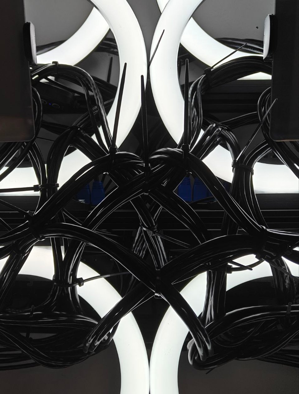 A close up of the sculpture called Eye, showing part of a few glowing white ringlights mounted in an array on an aluminum frame. Ethernet cable is wrapped around the frame in a complex, symmetrical pattern. The cable is black, and reflects the light of the ringlights like patent leather or vinyl.