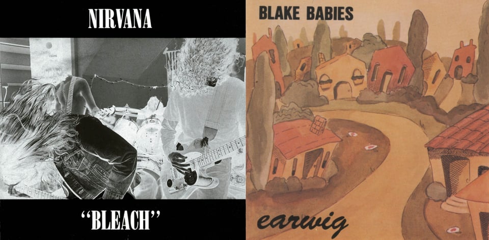 First pic: A black and white negative (creep) image of Nirvana playing (three guitarists and one drummer) all of them banging their heads and making their hair whip around. Second pic: A drawing of a small village painted in watercolor earth tones: brown, copper, adobe red, grey-green. A winding path goes between several houses and trees and bushes. There are a few flowers on the ground -- white circles with orange centers, like eggs.