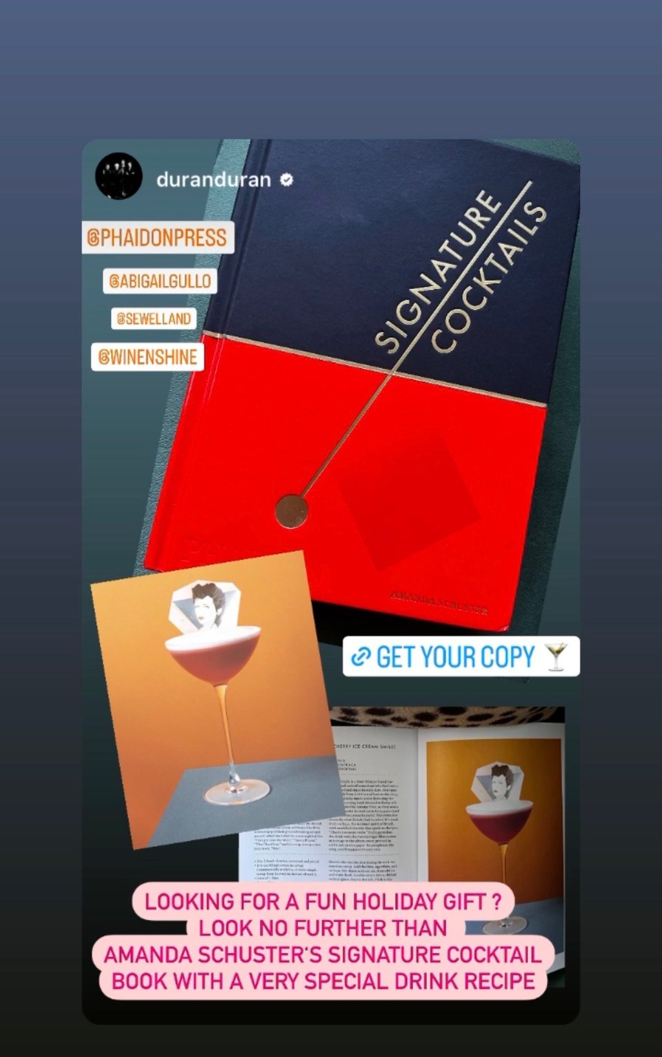 Instagram story from Duran Duran featuring Her Name Is Rio cocktail from Signature Cocktails by Amanda Schuster