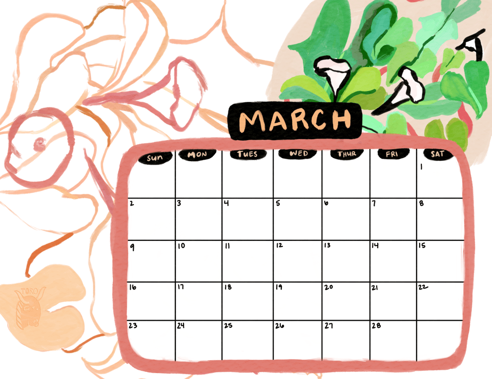March printable calendar in a pink and green moonflower theme.