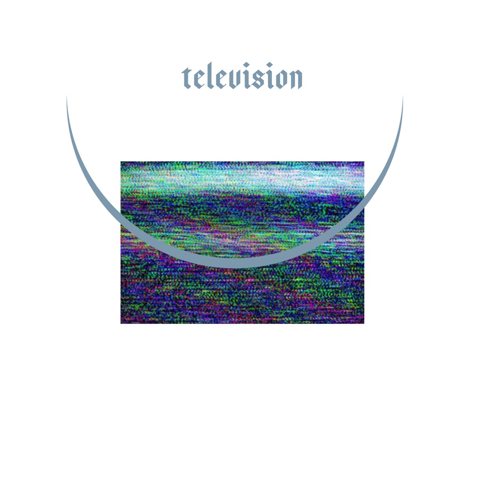 An image of static on a television with a crescent moon layered on top of it.