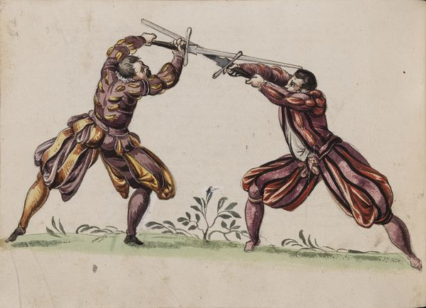 Two fencers in 16th century dress hold longswords. The man on the right is coming in with a strike from above, which the man on the left avoids by stepping to his right, and counters by moving up into a high guard, pushing the other man's sword out of the way with the short edge of his blade, and touching the other's head with his point
