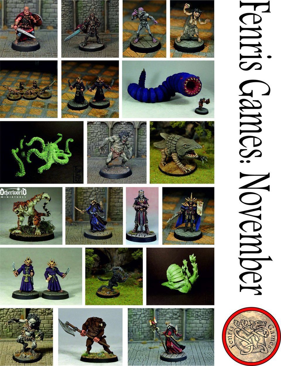 A montage image showing lots of painted miniatures including Beowulf, a Wight King, doppelganger, swamp hag, plague rats, Dagon cultists, purple worm, Atlantean octopus, Grendel, landshark, weretiger, lich queen, undead Revenant, cult leader, werewolf, flail snail, troll hag, wereboar and lich king.