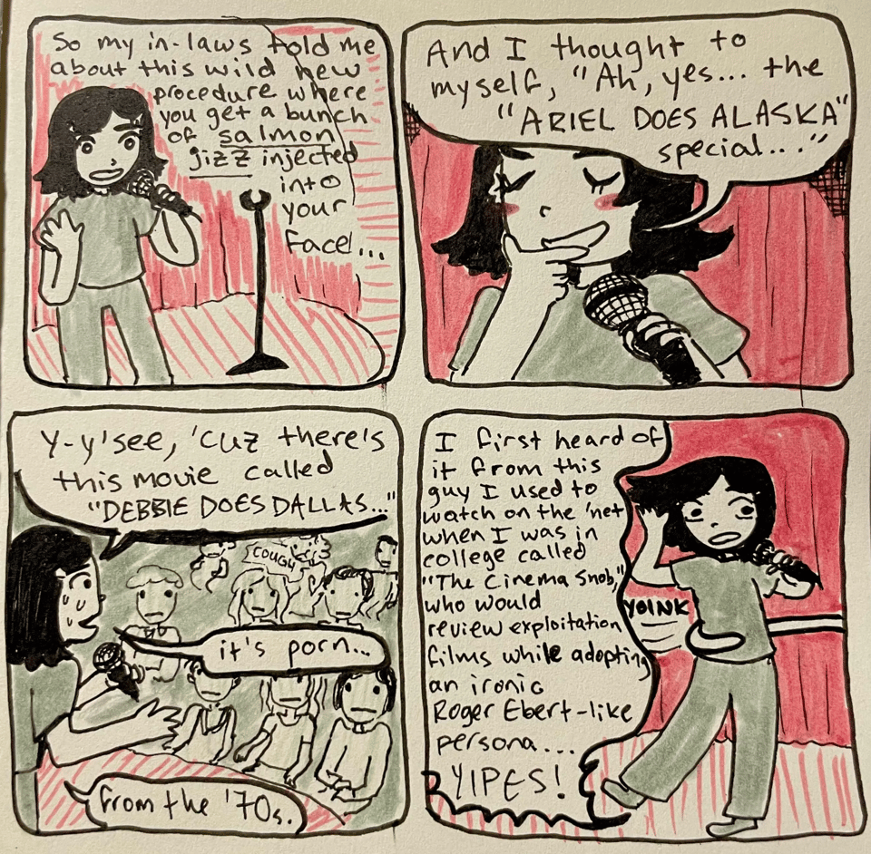 a comic about making jokes that reference weird porn from the 1970s